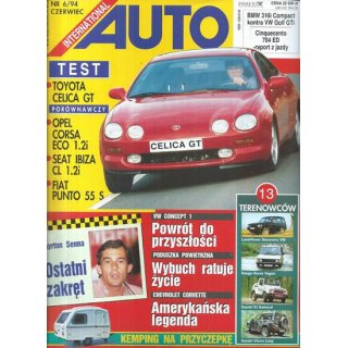 Auto International nr 6/1994 – Hołd dla Ayrtona Senny, test Toyoty Celica GT, starcie maluchów i wielki przegląd terenówek oraz przyczep kempingowych